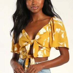 Lulus Mustard Floral Print Crop Top - Size S